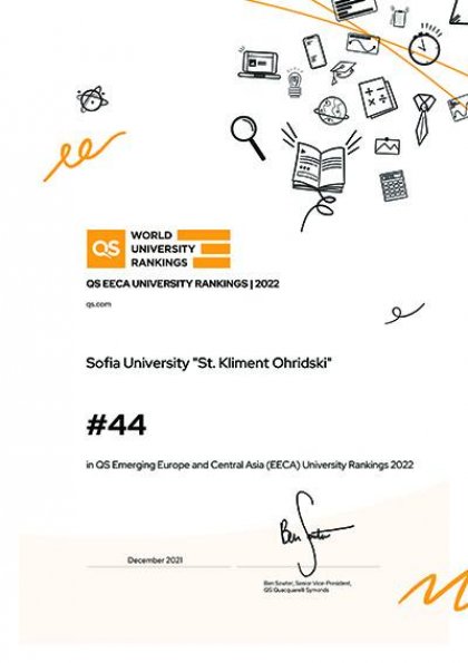 Софийският университет подобрява с четири места позицията си в класацията на QS World University Rankings: EECA Region за 2022 г.